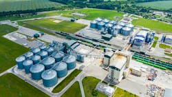 Overhead drone image of production plant for sustainable fuel called bio gas Overhead drone image of production plant for sustainable fuel called bio gas