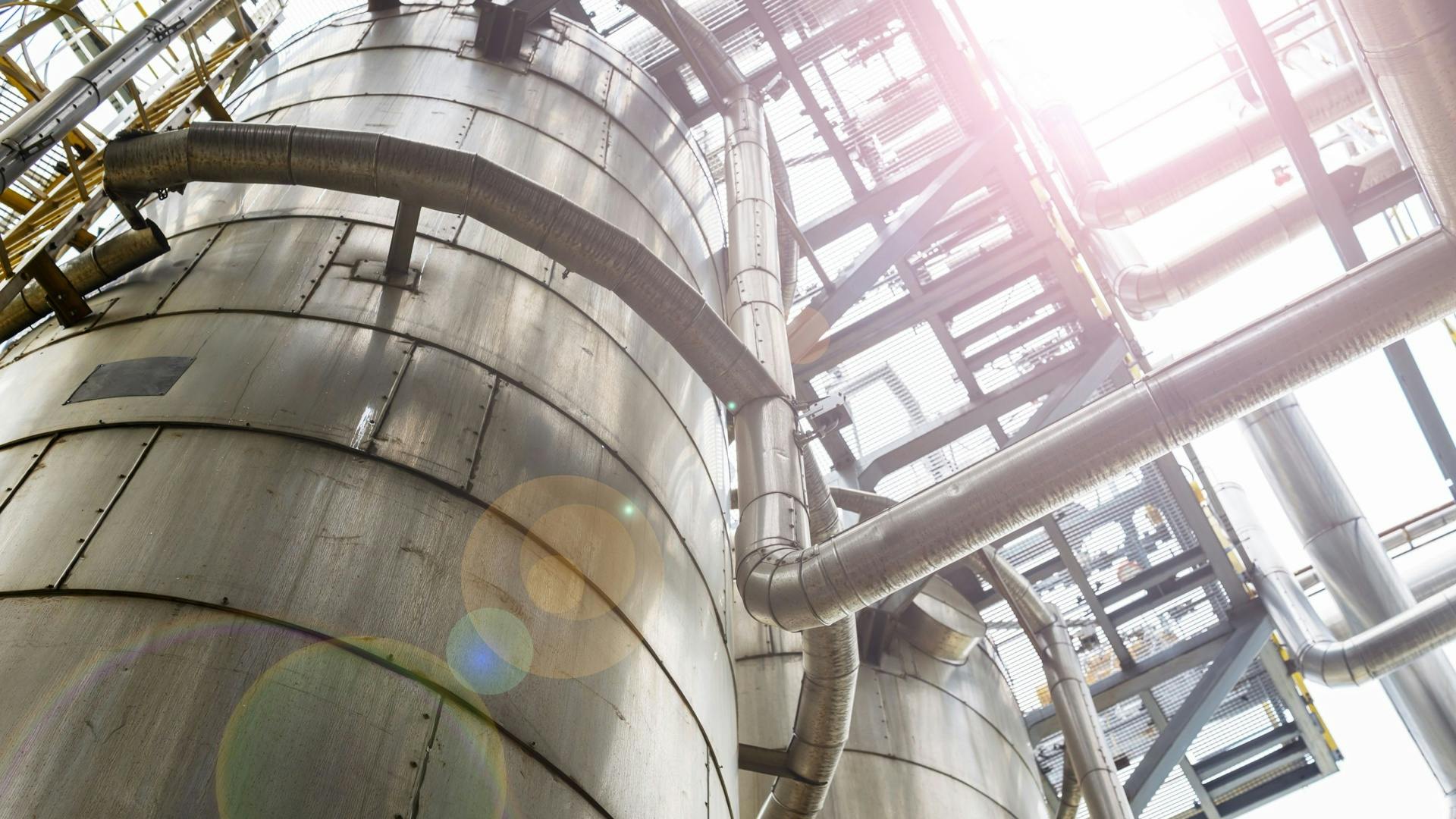 bottom view of the distillation columns of the oil and gas industry