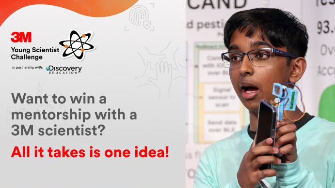 Image shows student presenting idea at 3M Young Scientist Challenge competition