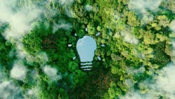 A bulb-shaped lake in the middle of a lush forest, symbolizing fresh ideas, inventiveness and creativity in relation to solving environmental problems A bulb-shaped lake in the middle of a lush forest, symbolizing fresh ideas, inventiveness and creativity in relation to solving environmental problems