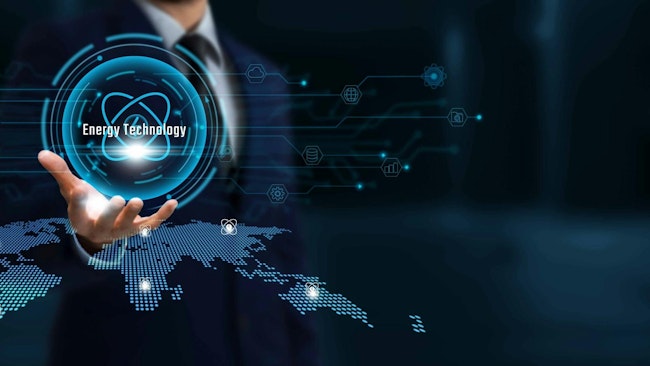 Businessman Holding the Smart Energy Network Connecting Icon Essential to Business and Sustainable Operations with Renewable System and Global Network