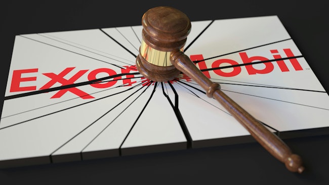 Logo of Exxon Mobil hit and shattered by judge's gavel.