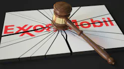 Logo of Exxon Mobil hit and shattered by judge's gavel.