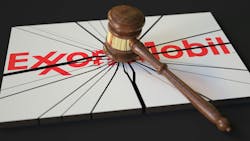 Logo of Exxon Mobil hit and shattered by judge's gavel. Logo of Exxon Mobil hit and shattered by judge's gavel.
