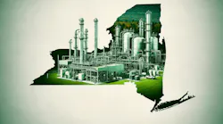 image of a green hydrogen plant with an outline of New York State transposed over it