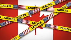 Canadian flag covered by caution tape displaying US flag and the word tariffs Canadian flag covered by caution tape displaying US flag and the word tariffs