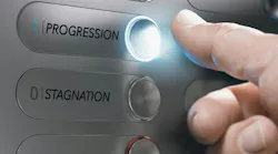 Man pushing an elevator button where it is written he words progression, stagnation and regression.