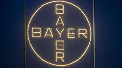 The Bayer logo, shines on the company's site in Leverkusen.