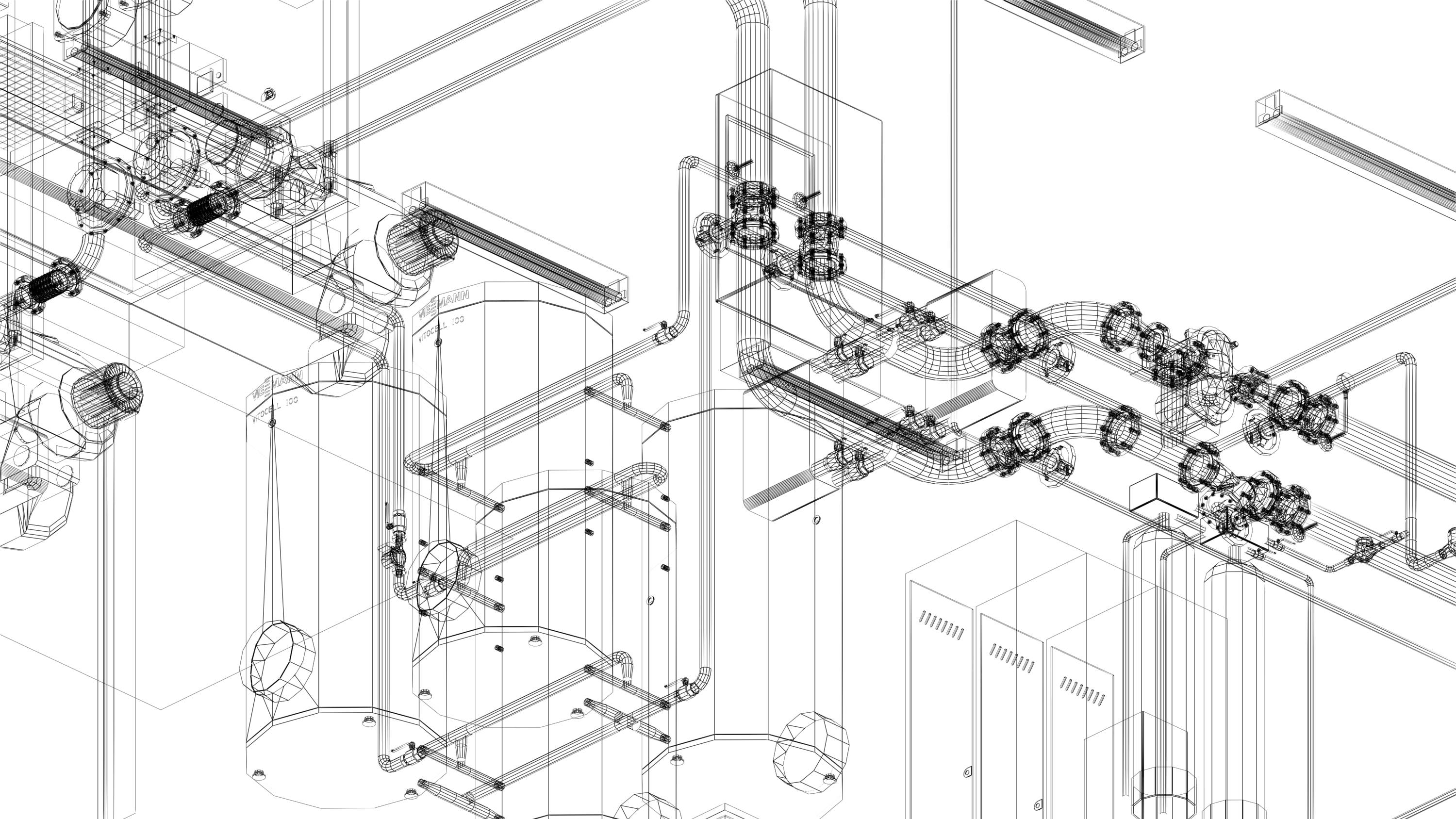 industrial equipment with piping in the factory. 3d rendering wire frame