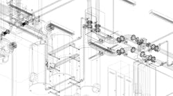 industrial equipment with piping in the factory. 3d rendering wire frame industrial equipment with piping in the factory. 3d rendering wire frame