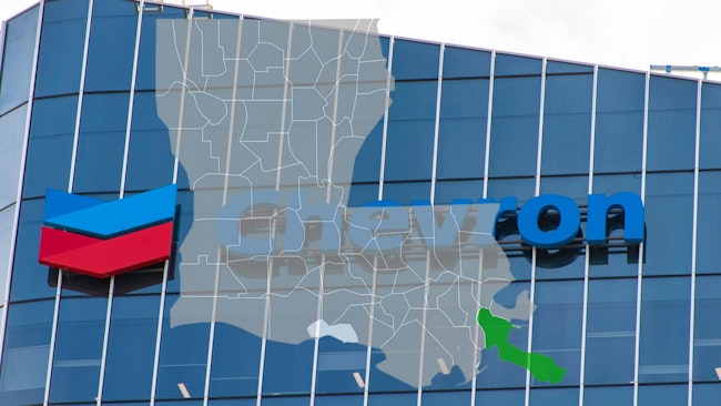 Chevron building and logo with Louisiana map overlayed
