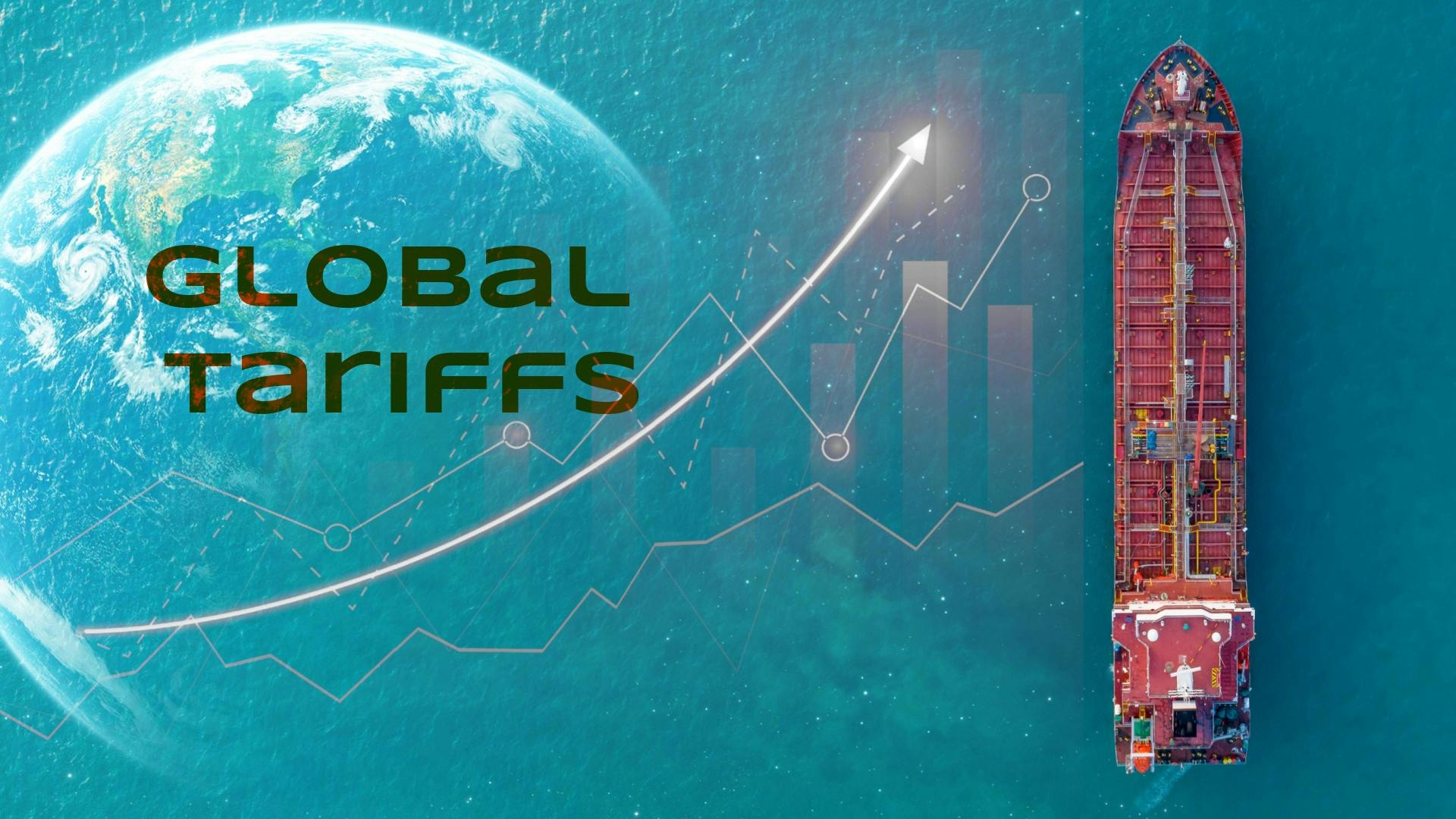 aerial view of cargo ship over water with washed out globe in background and arrows pointed upwards showing rise in global tariffs