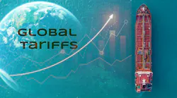 aerial view of cargo ship over water with washed out globe in background and arrows pointed upwards showing rise in global tariffs