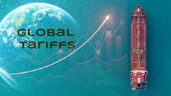 aerial view of cargo ship over water with washed out globe in background and arrows pointed upwards showing rise in global tariffs aerial view of cargo ship over water with washed out globe in background and arrows pointed upwards showing rise in global tariffs
