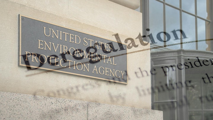 EPA building and plaque overlaid with the word deregulation