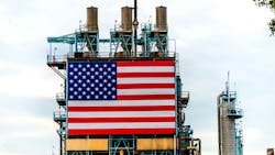 Large American Flag affixed to oil refinery platform in California Large American Flag affixed to oil refinery platform in California