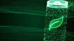 digital rendition of Lithium ion battery recharging with eco leaf symbol