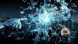 White humanoid hand on blurred background White humanoid hand on blurred background