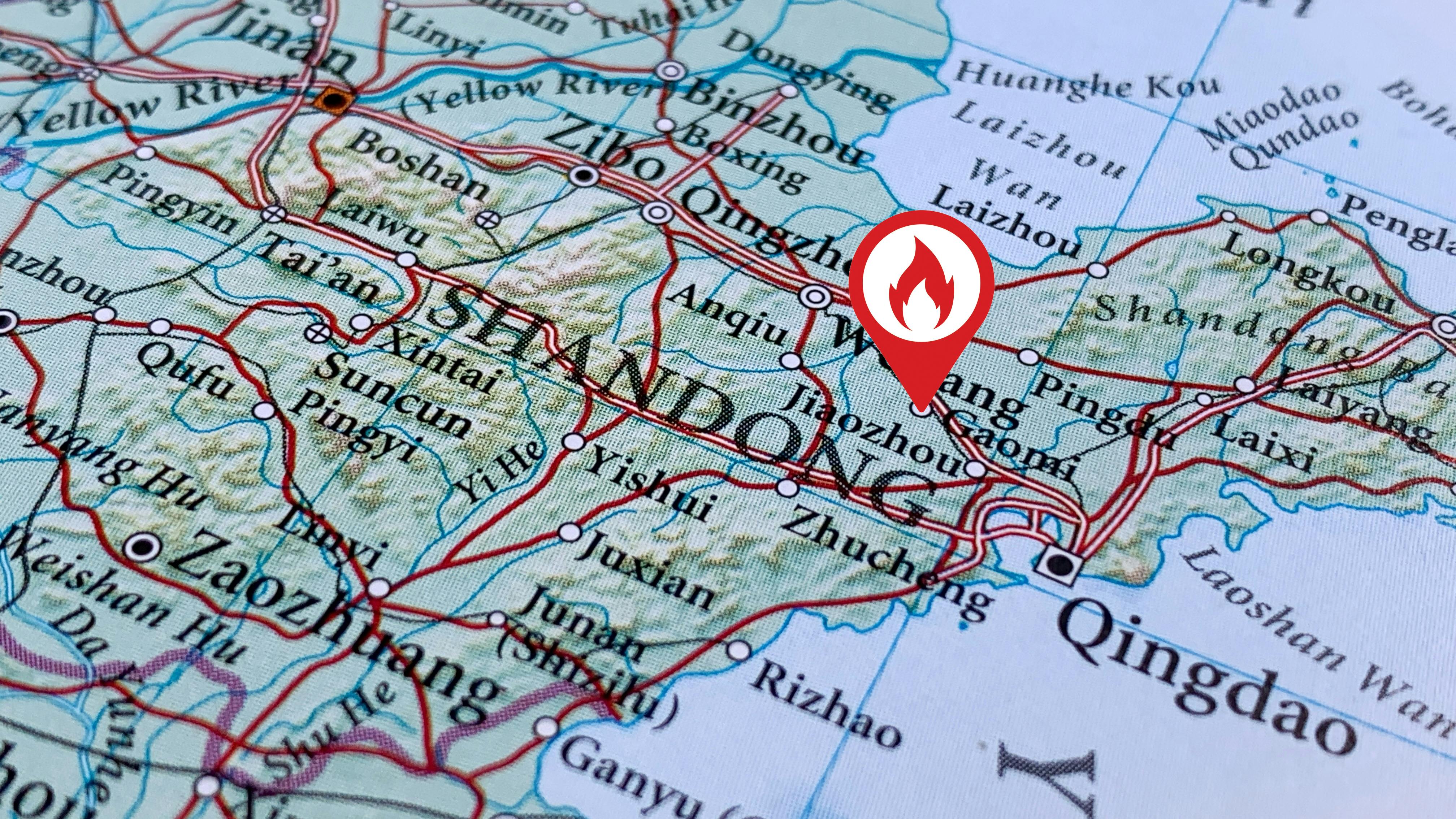 map of China with fire location symbol on Gaomi city in Shandong province