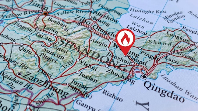 map of China with fire location symbol on Gaomi city in Shandong province