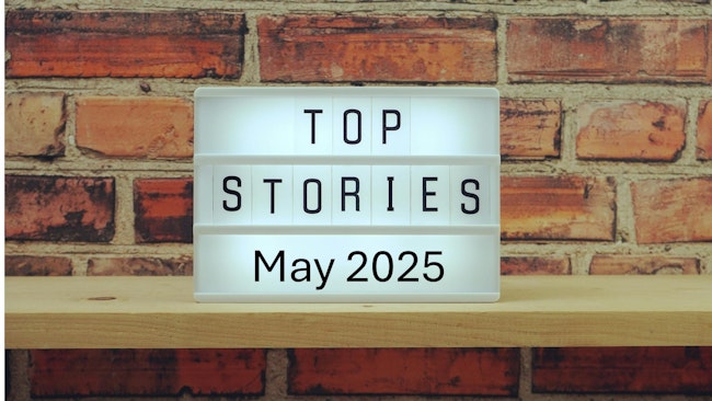 Top stories May 2025 marquee style sign against a brick wall