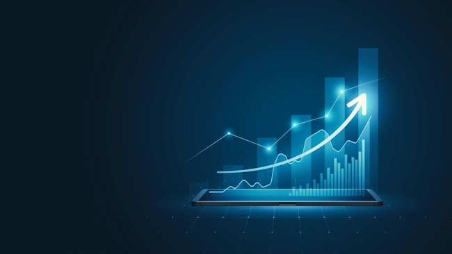 3D design tablet shows bar graph growth arrow on digital technology