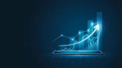 3D design tablet shows bar graph growth arrow on digital technology