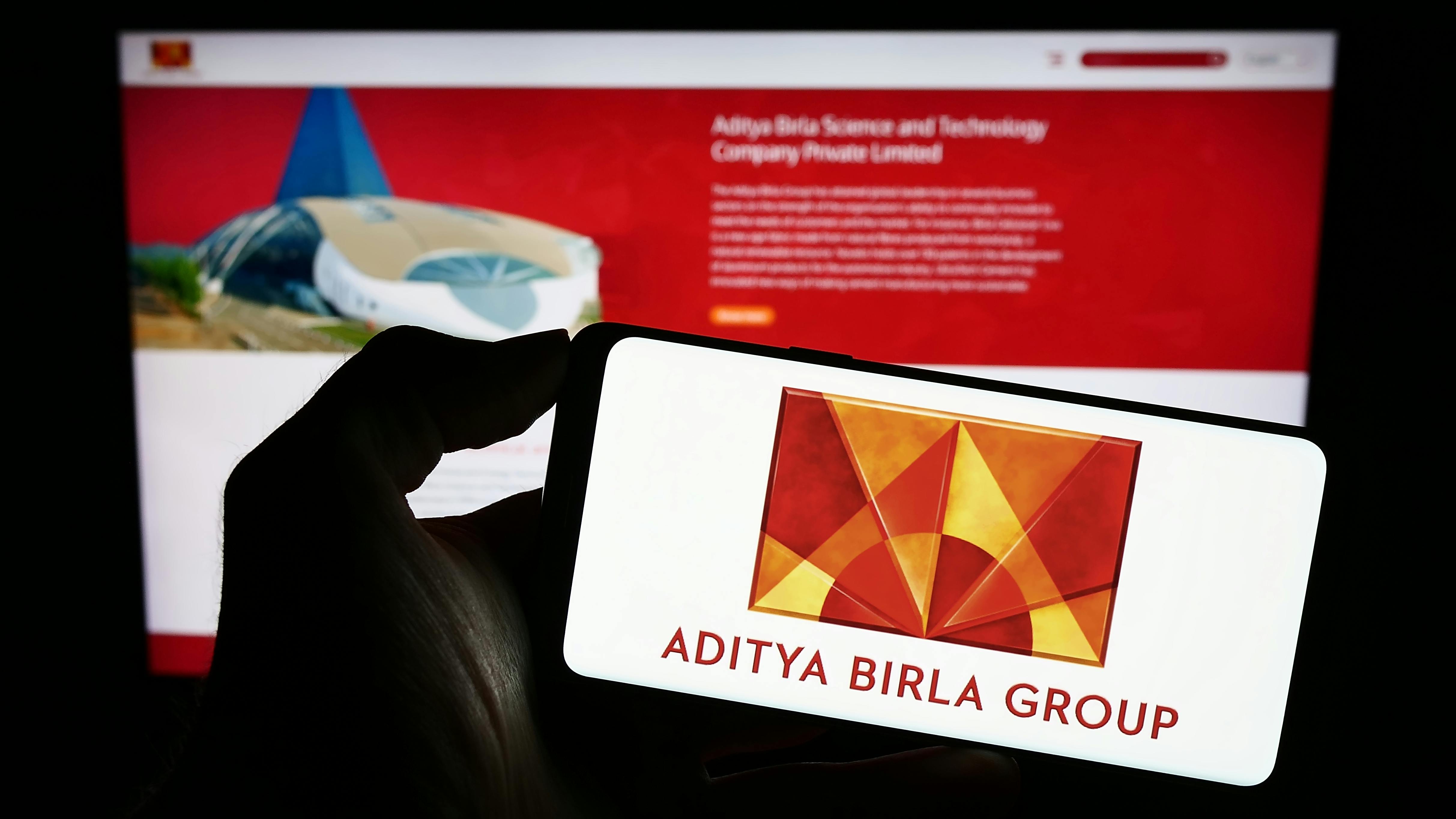 Aditya Birla Group and logo shown on digital phone screen