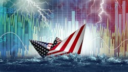 U.S. economic and stock market turbulence depicted as an American paper boat symbol facing uncertain global economic danger in a 3D illustration style. U.S. economic and stock market turbulence depicted as an American paper boat symbol facing uncertain global economic danger in a 3D illustration style.