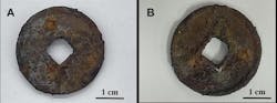 Figure 1. An untreated metal coin from the Northern Song Dynasty (left image) got rustier after a resin coating was applied and then exposed to light and heat (right image). Figure 1. An untreated metal coin from the Northern Song Dynasty (left image) got rustier after a resin coating was applied and then exposed to light and heat (right image).