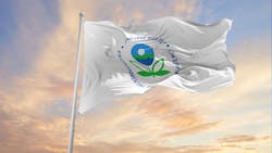 Flag with environmental protection agency logo on sunset background Flag with environmental protection agency logo on sunset background