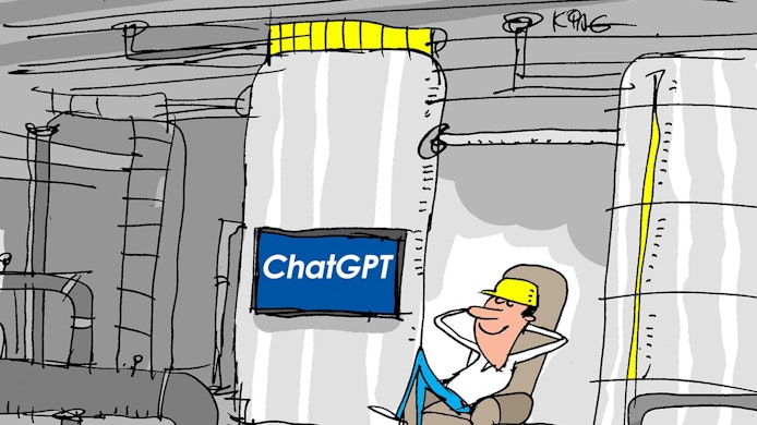 Jerry King cartoon of an operator sitting next to a machine using ChatGPT