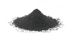 Handful of granular carbon powder on white background