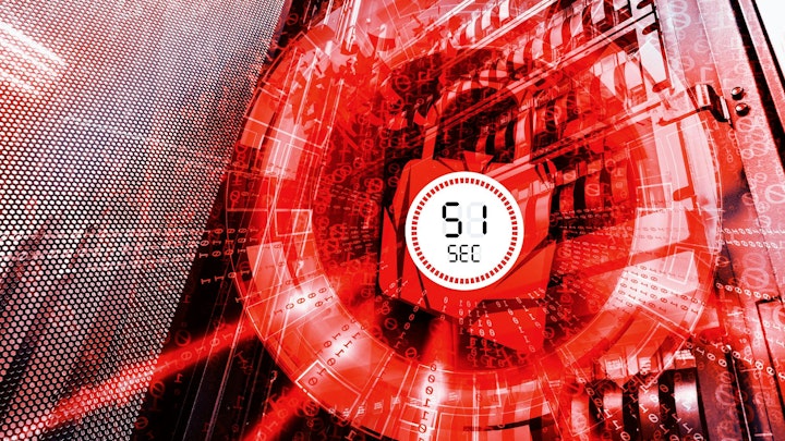 Security concept: hacked the padlock on the background of mainframe data center