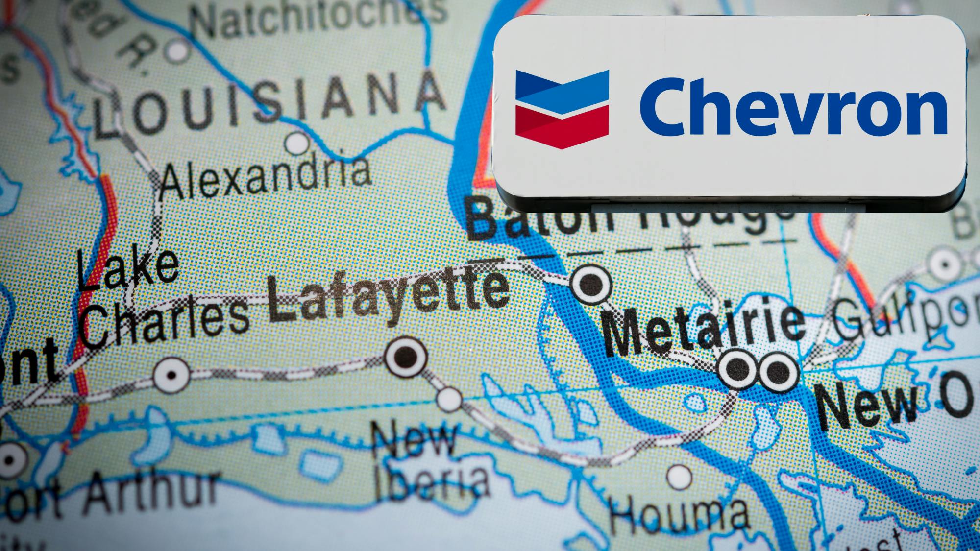 Map of Louisiana coastline with a Chevron logo on top