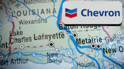 Map of Louisiana coastline with a Chevron logo on top