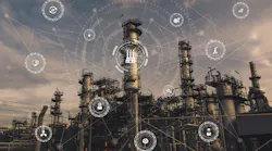 Industrial process instruments and control systems connected through digital networks in a factory setting, illustrating a cyber-physical system with sensors, gauges, and data flow overlay.