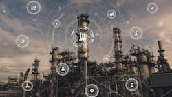 Industrial process instruments and control systems connected through digital networks in a factory setting, illustrating a cyber-physical system with sensors, gauges, and data flow overlay. Industrial process instruments and control systems connected through digital networks in a factory setting, illustrating a cyber-physical system with sensors, gauges, and data flow overlay.