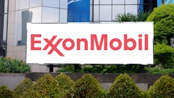 ExxonMobil logo outside of building ExxonMobil logo outside of building