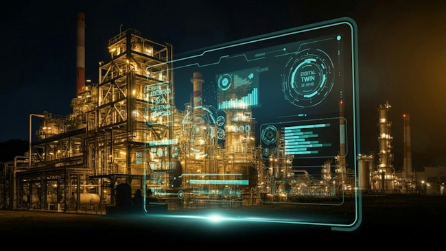 Chemical plant with digital screen imposed suggesting Digital Twins and AI concept