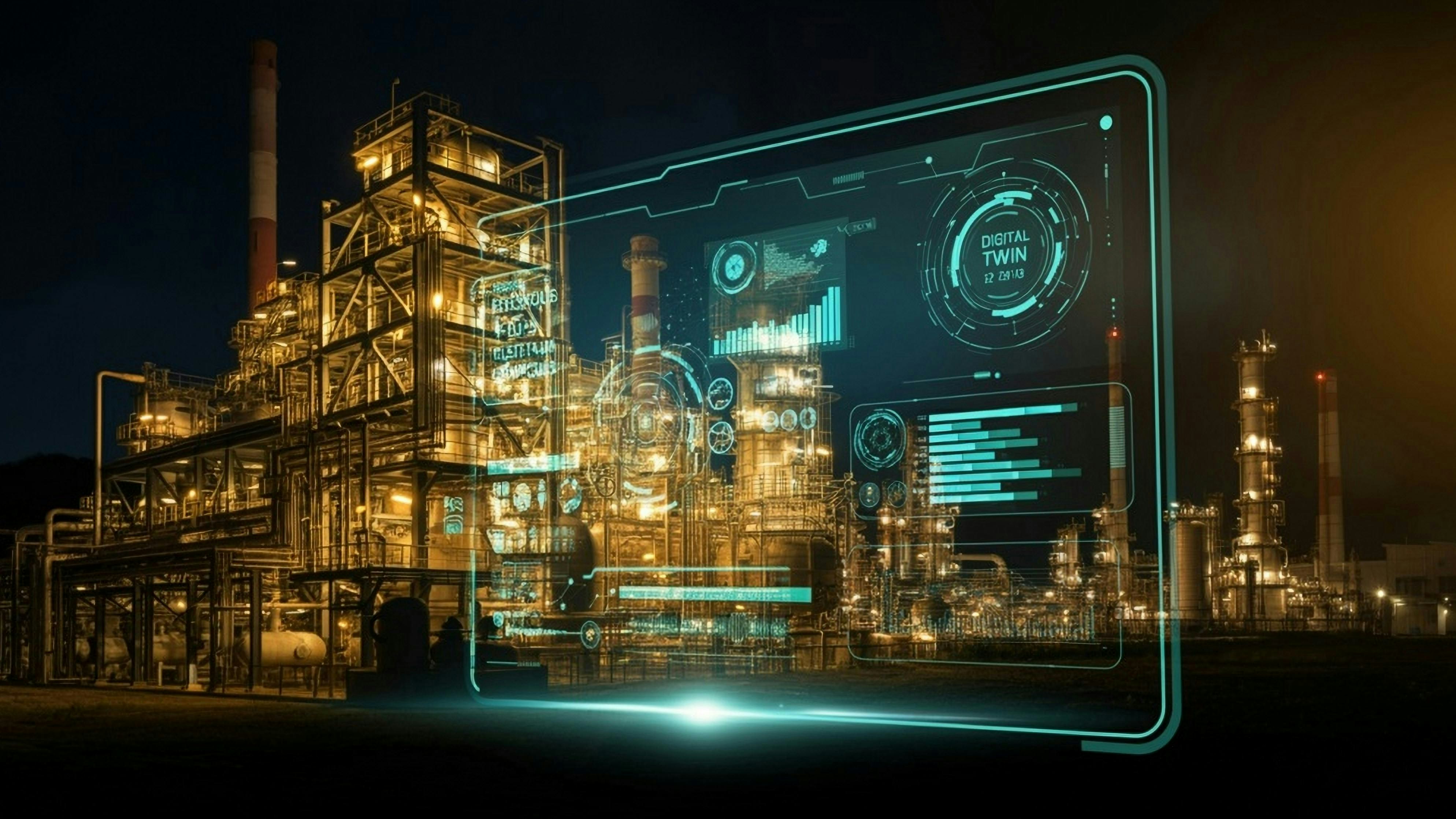 Chemical plant with digital screen imposed suggesting Digital Twins and AI concept