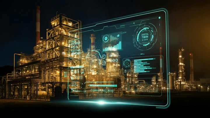 Chemical plant with digital screen imposed suggesting Digital Twins and AI concept