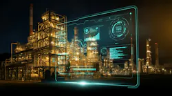 Chemical plant with digital screen imposed suggesting Digital Twins and AI concept