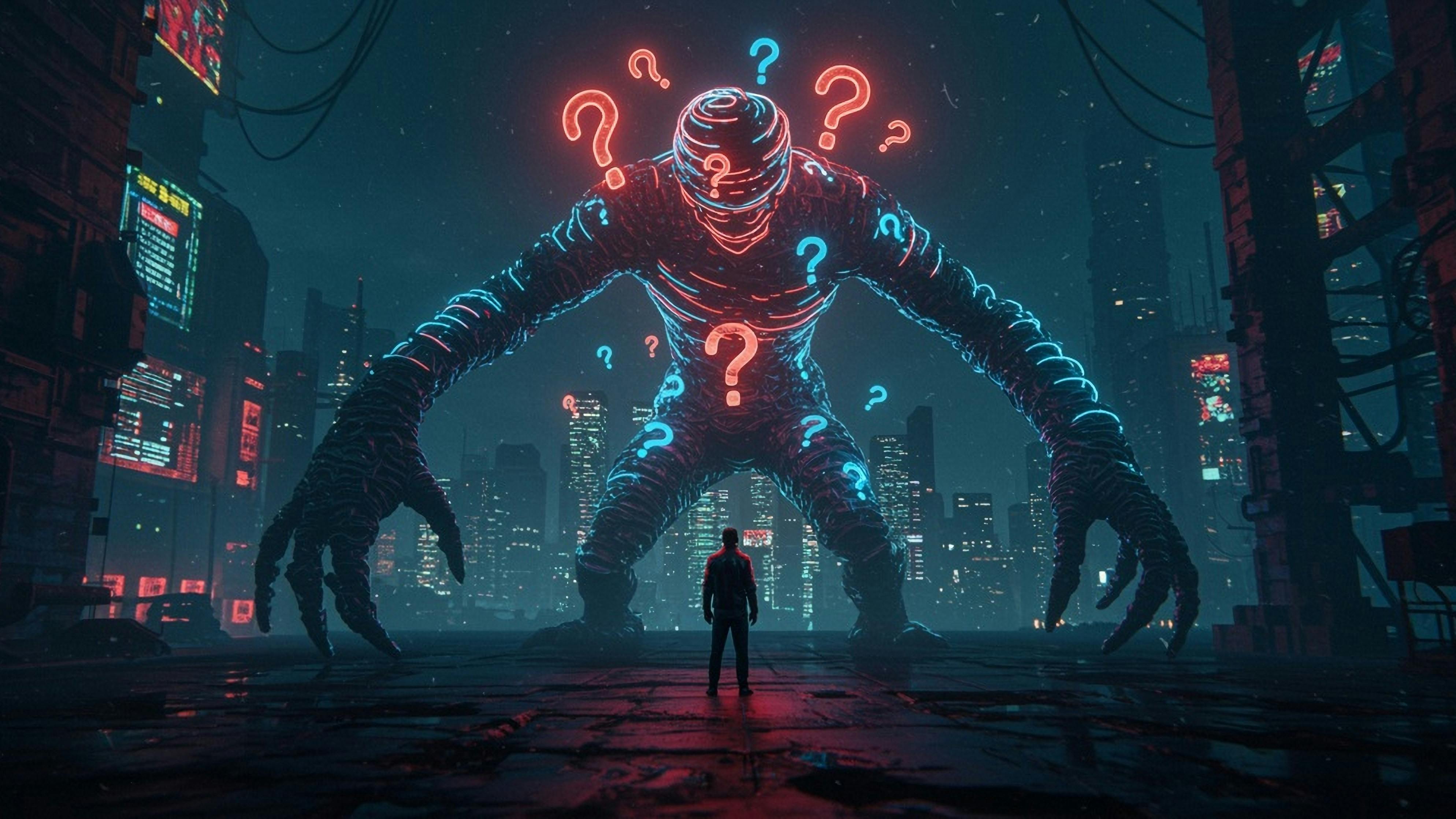 A man face-to-face with a scary creature at nighttime.