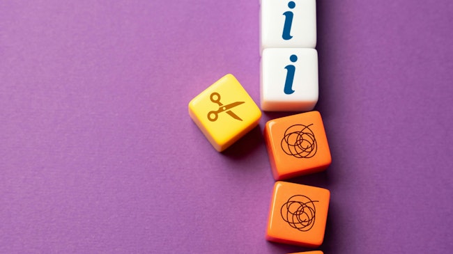 a 3D block with a scissor icon separates blocks with an i for information from blocks with a squiggly line icon representing chaos