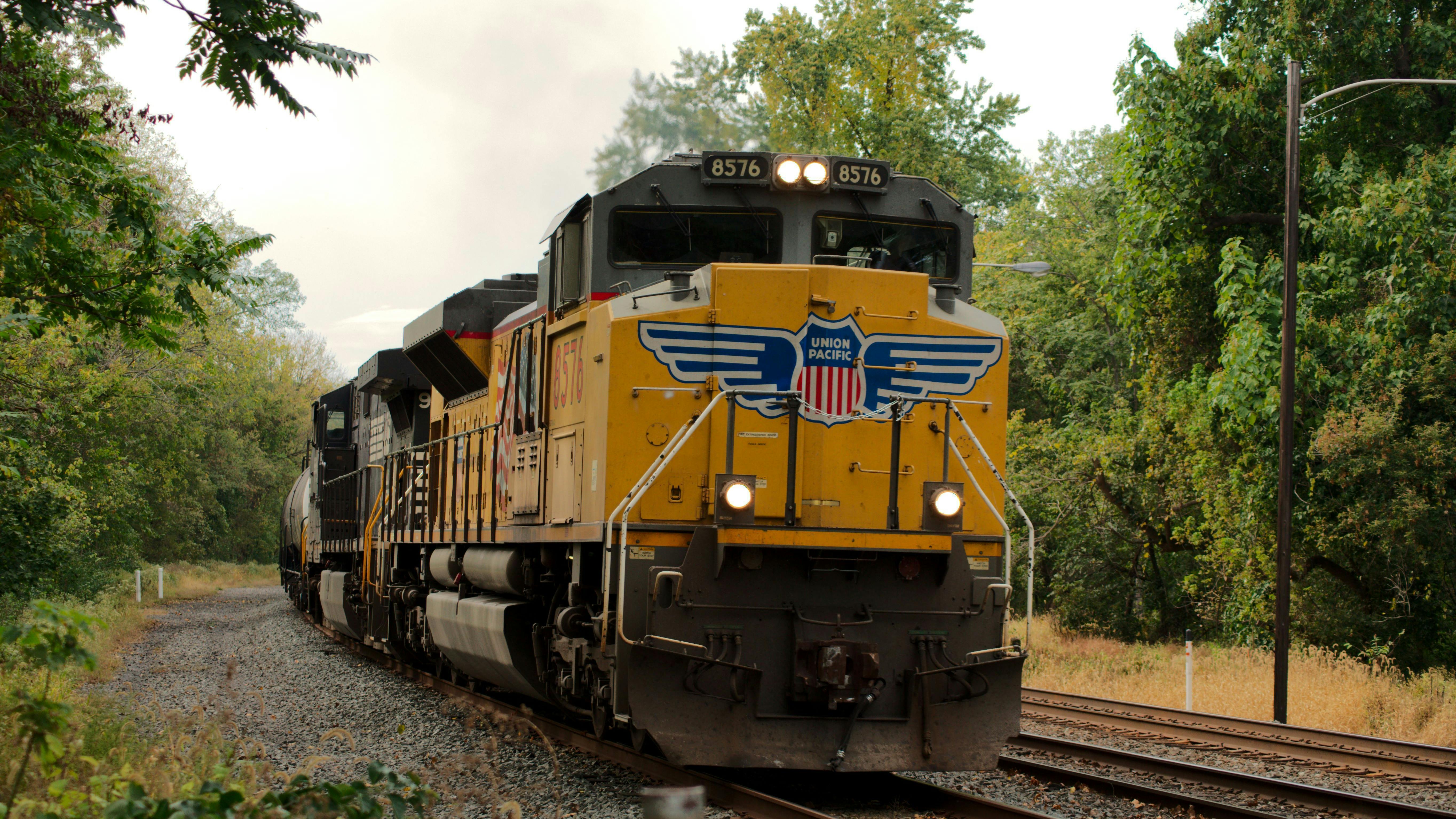 Union Pacific locomotive #8576 leads a Norfolk Southern train