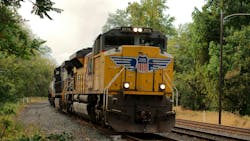 Union Pacific locomotive #8576 leads a Norfolk Southern train Union Pacific locomotive #8576 leads a Norfolk Southern train
