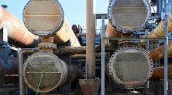 Four Two way heat exchangers shell and tubes opened for repairing and deposits cleaning with high-pressure hydraulic unit. Four Two way heat exchangers shell and tubes opened for repairing and deposits cleaning with high-pressure hydraulic unit.