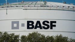 A logo of the chemical company BASF is seen on a large storage container at the main plant. A logo of the chemical company BASF is seen on a large storage container at the main plant.