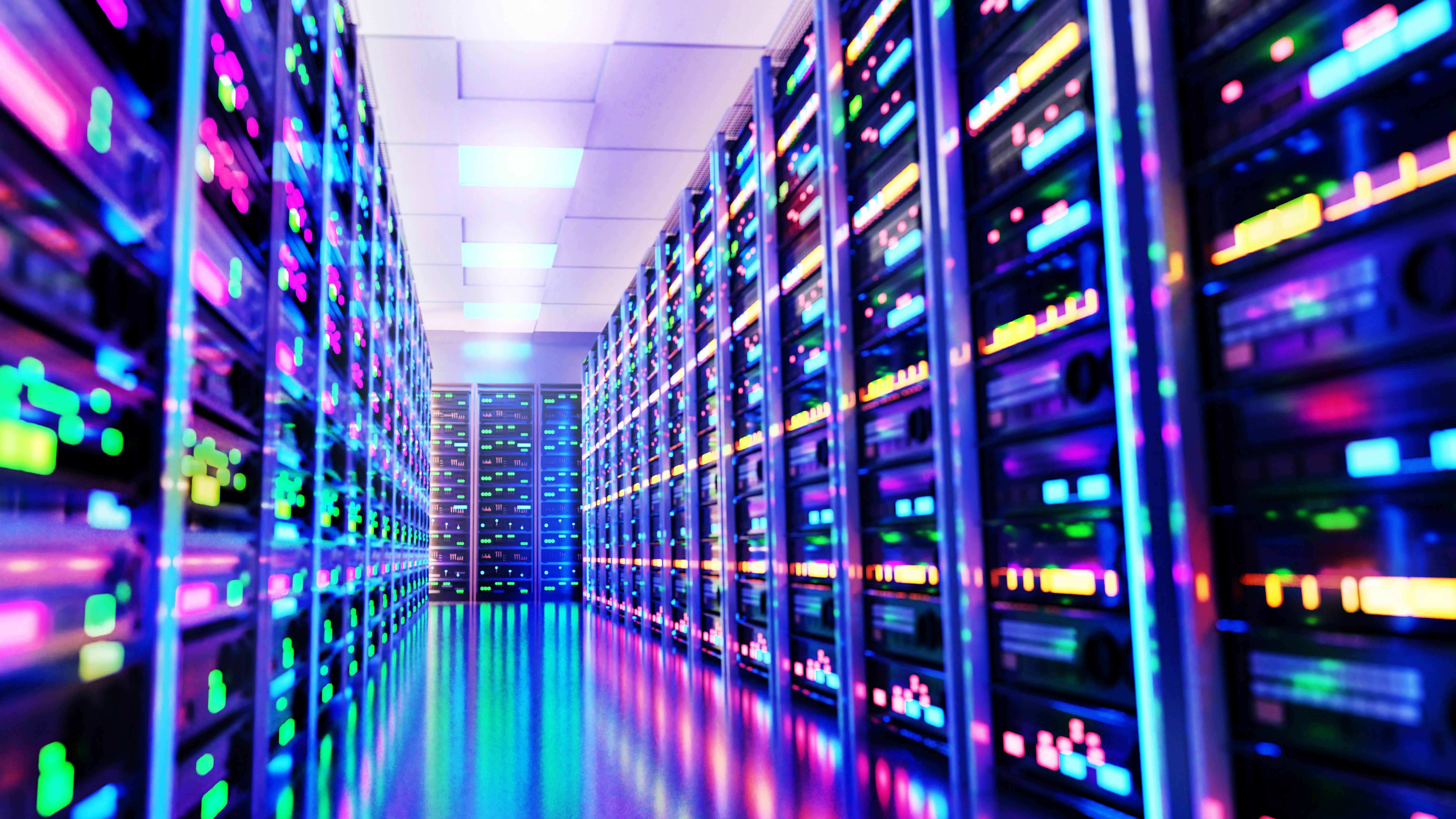 Modern server room, corridor in data center with Supercomputer racks